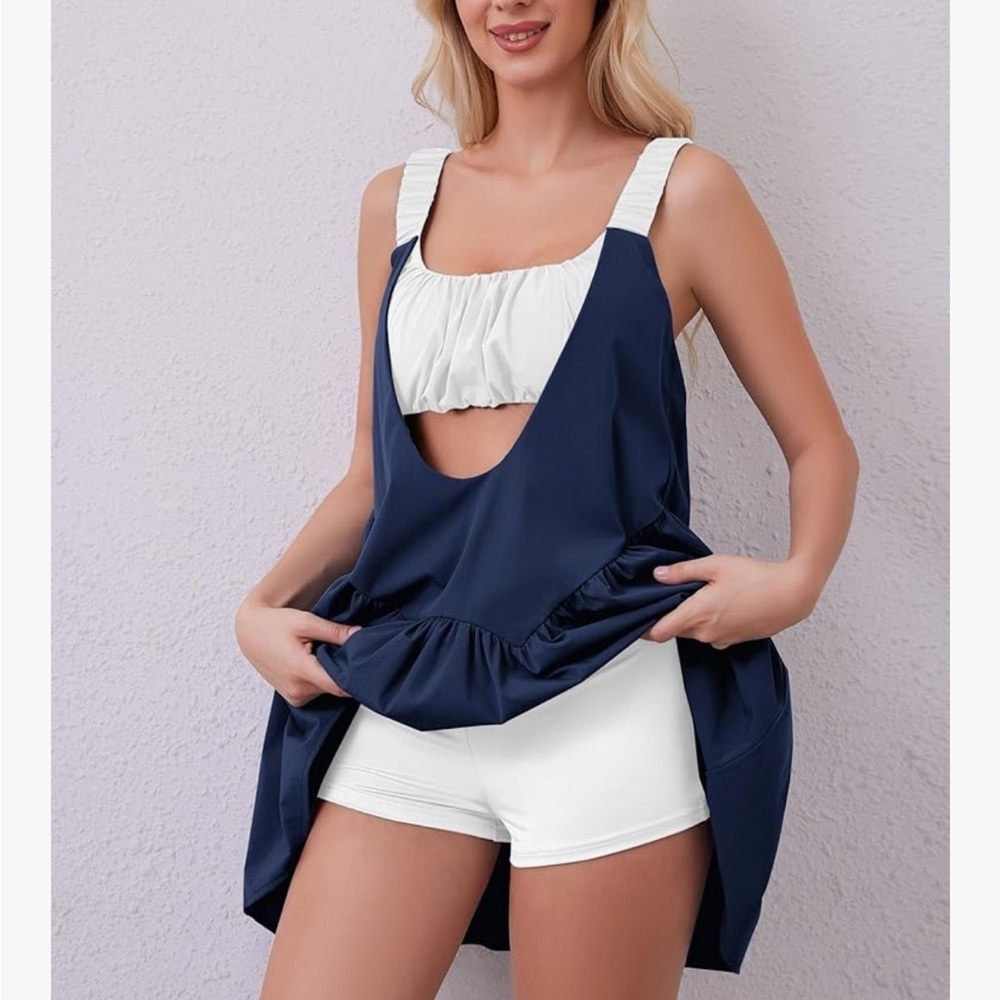 Navy Blue Tennis Dress with White Straps - Picture 3 of 10